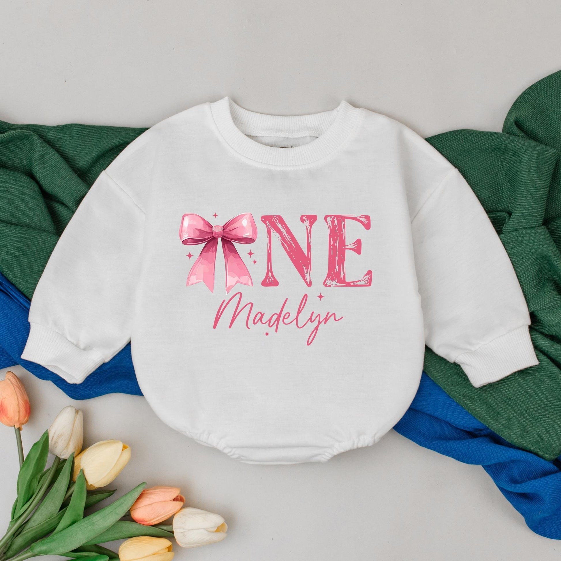 Madelyn's First Birthday Romper, Pink Bow ONE Outfit, Baby Girl 1st Birthday Bodysuit, Custom Name Infant Outfit, Whimsical Celebration Clothes