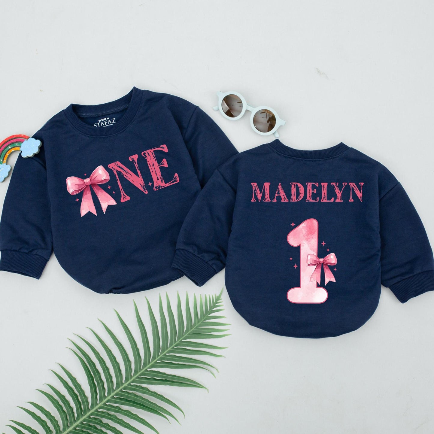 Personalized Pink Bow Birthday Romper for Girls 1st Birthday Outfit Custom Name One Year Old Party Celebration Gift