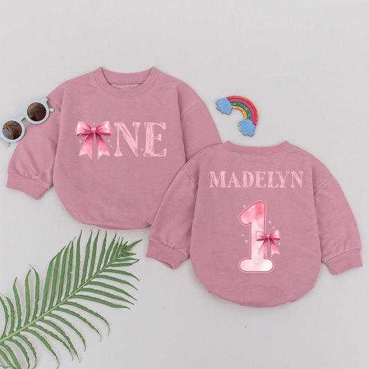 Personalized Pink Bow Birthday Romper for Girls 1st Birthday Outfit Custom Name One Year Old Party Celebration Gift