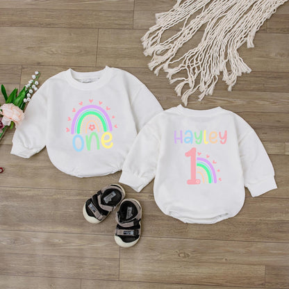 Custom Rainbow Birthday Romper for Baby Toddler Girl, Personalized Name Sweatshirt, Soft & Cozy Outfit Gift Idea