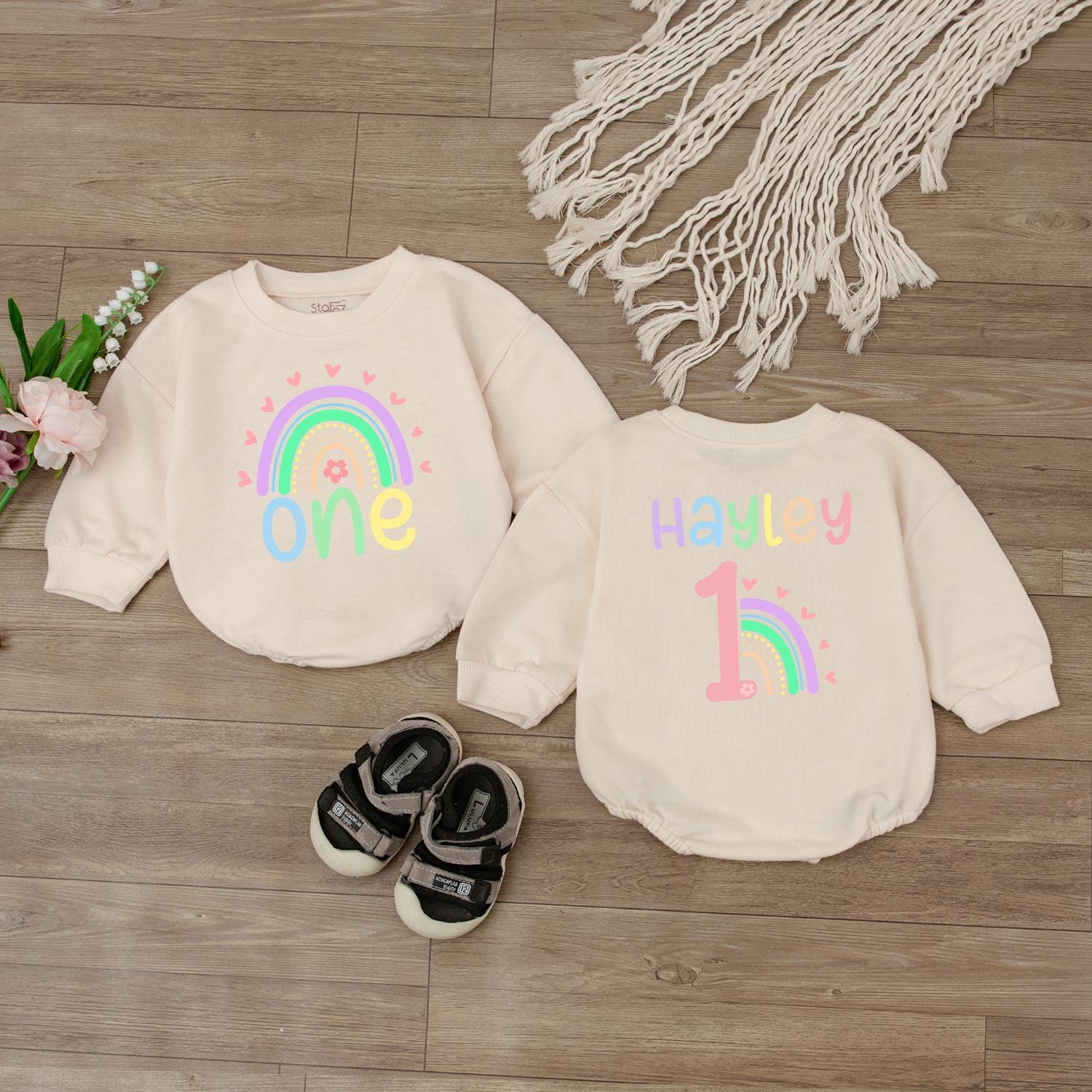 Custom Rainbow Birthday Romper for Baby Toddler Girl, Personalized Name Sweatshirt, Soft & Cozy Outfit Gift Idea