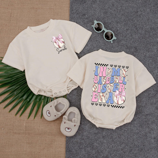 Custom Baseball Sister Era Bubble Romper Baby Girl Outfit Baseball Lover Tee Gift, Custom Name Birthday Baby Shower Present