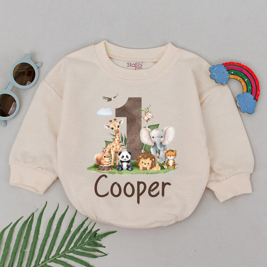 Personalized Cooper's One-derful Romper, Whimsical 1st Birthday Outfit with Cartoon Animals, Adventure Baby Clothes for First Birthday Boy