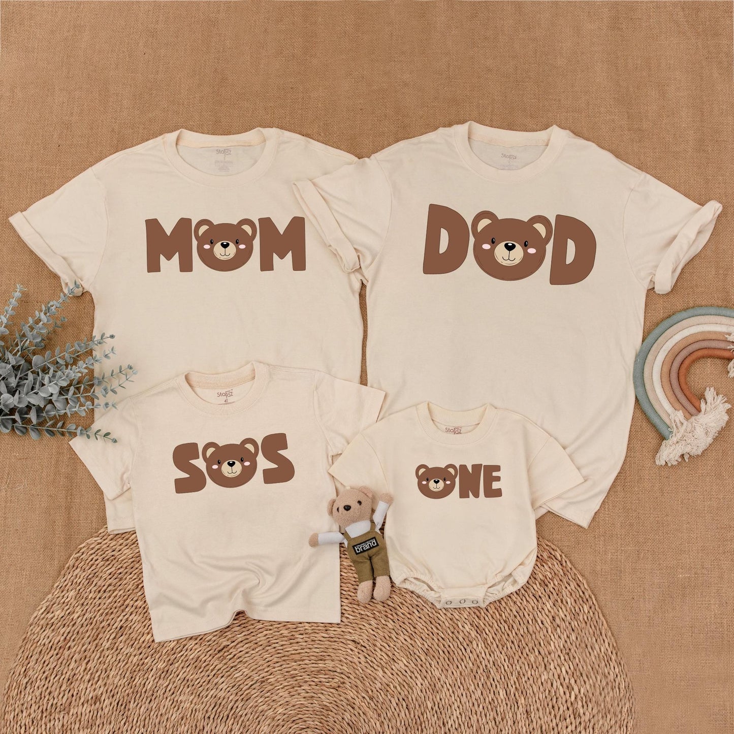 Matching Bear First Birthday Family Shirts Little Bear Birthday Girl Boy Outfit 1st Birthday Celebration Mom Dad Soft Cotton Bubble Romper