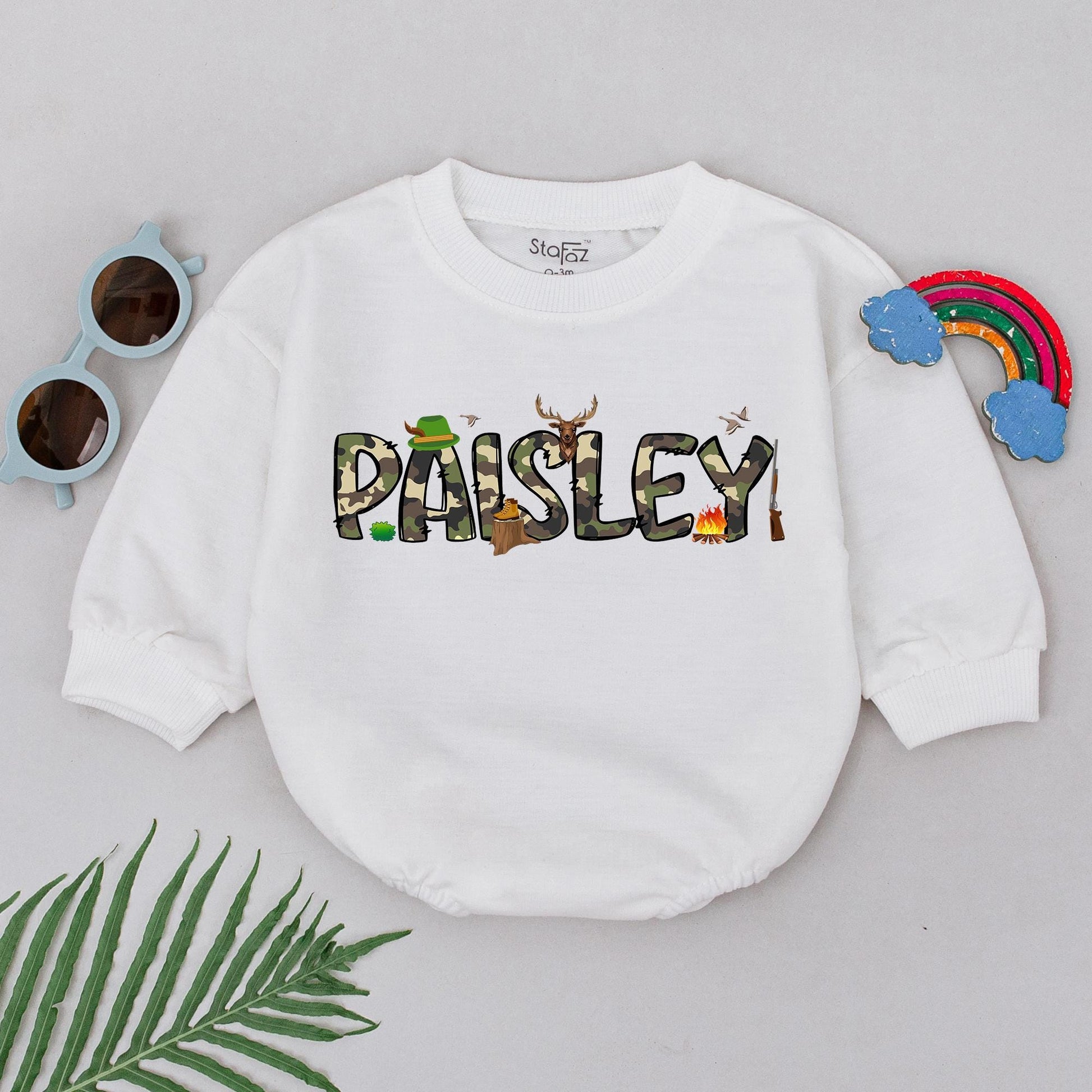 Personalized PAISLEY Camo Baby Romper Cute Deer Hunting Boots Campfire Birds Going Home Outfit Newborn Boy Shower Gift