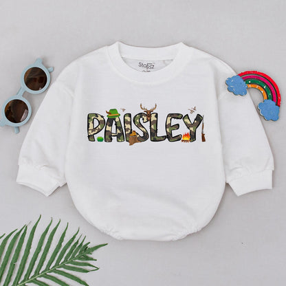 Personalized PAISLEY Camo Baby Romper Cute Deer Hunting Boots Campfire Birds Going Home Outfit Newborn Boy Shower Gift