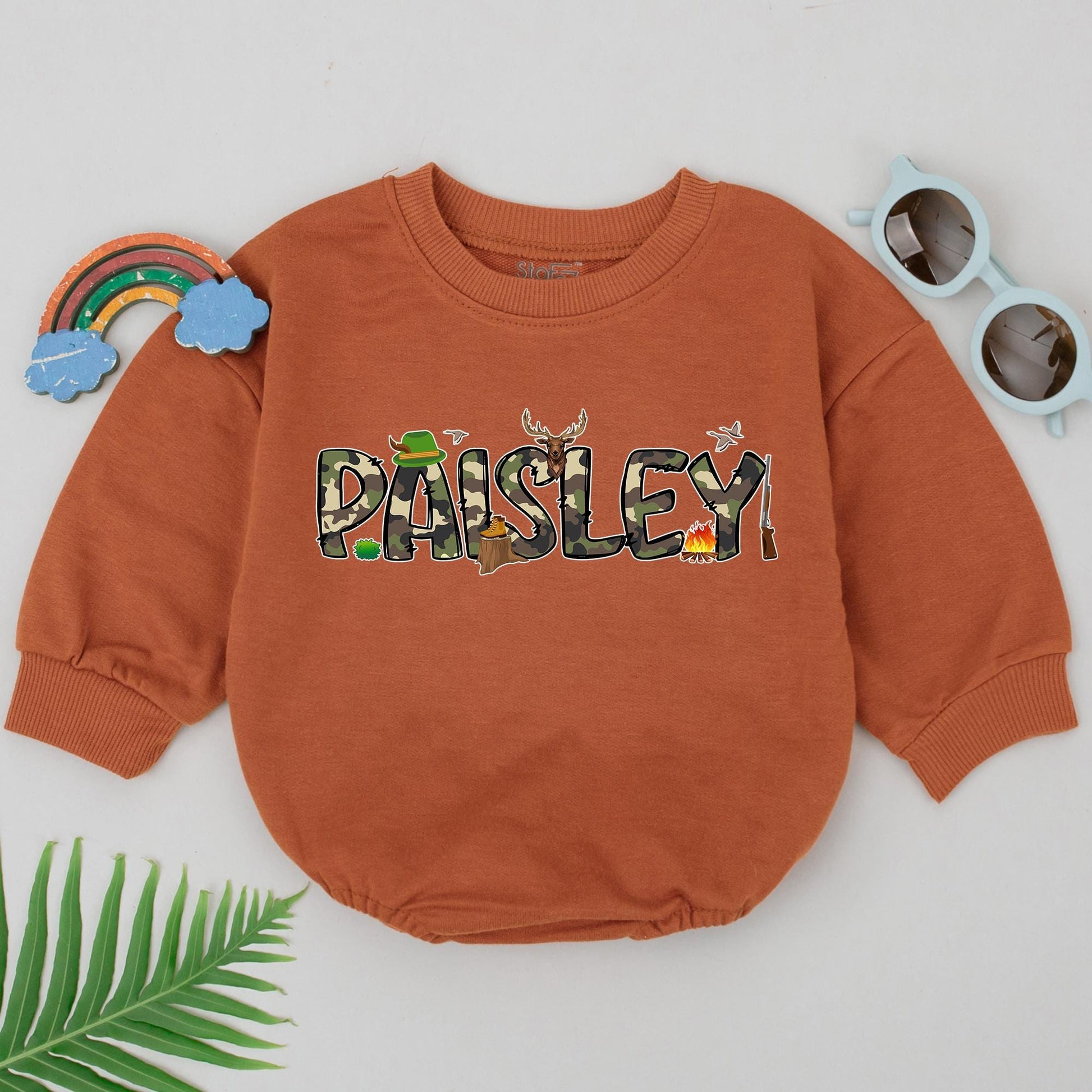 Personalized PAISLEY Camo Baby Romper Cute Deer Hunting Boots Campfire Birds Going Home Outfit Newborn Boy Shower Gift