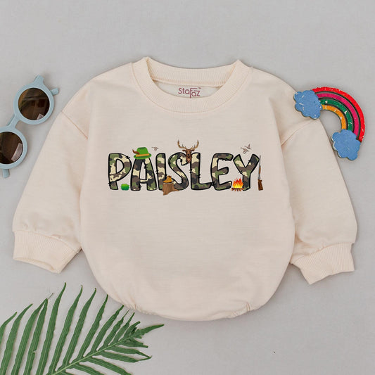 Personalized PAISLEY Camo Baby Romper Cute Deer Hunting Boots Campfire Birds Going Home Outfit Newborn Boy Shower Gift