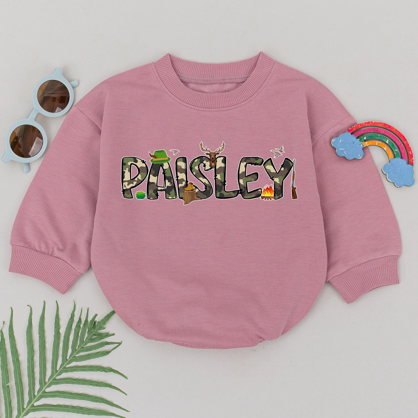 Personalized PAISLEY Camo Baby Romper Cute Deer Hunting Boots Campfire Birds Going Home Outfit Newborn Boy Shower Gift