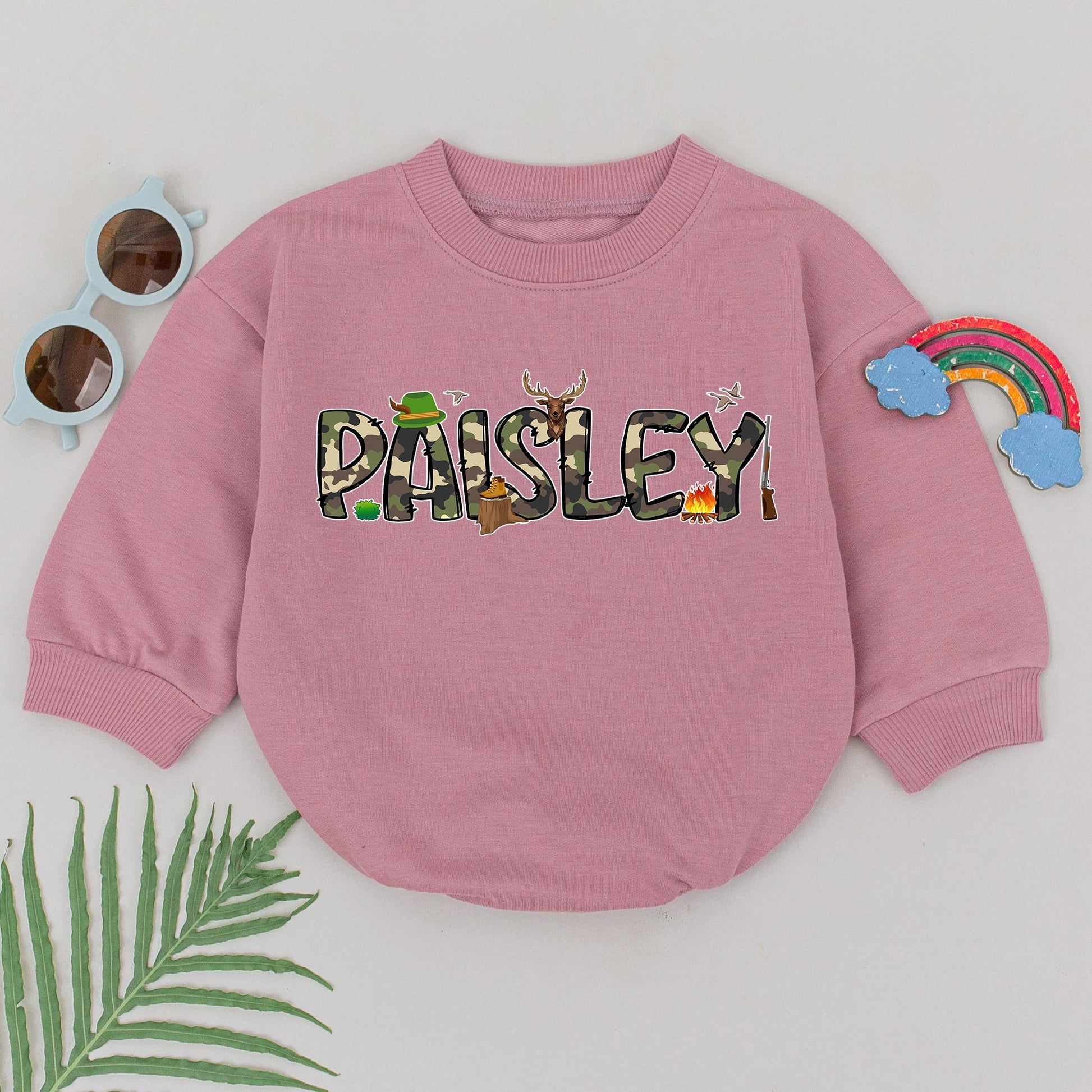 Personalized PAISLEY Camo Baby Romper Cute Deer Hunting Boots Campfire Birds Going Home Outfit Newborn Boy Shower Gift