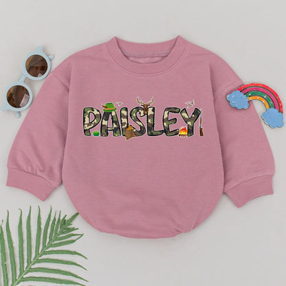 Personalized PAISLEY Camo Baby Romper Cute Deer Hunting Boots Campfire Birds Going Home Outfit Newborn Boy Shower Gift