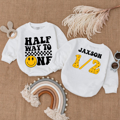 Halfway to One Smiley Baby Romper Boy 1/2 Birthday Outfit, Baby Shower Gift, 1st Birthday, Happy Dude, Summer Infant Clothes