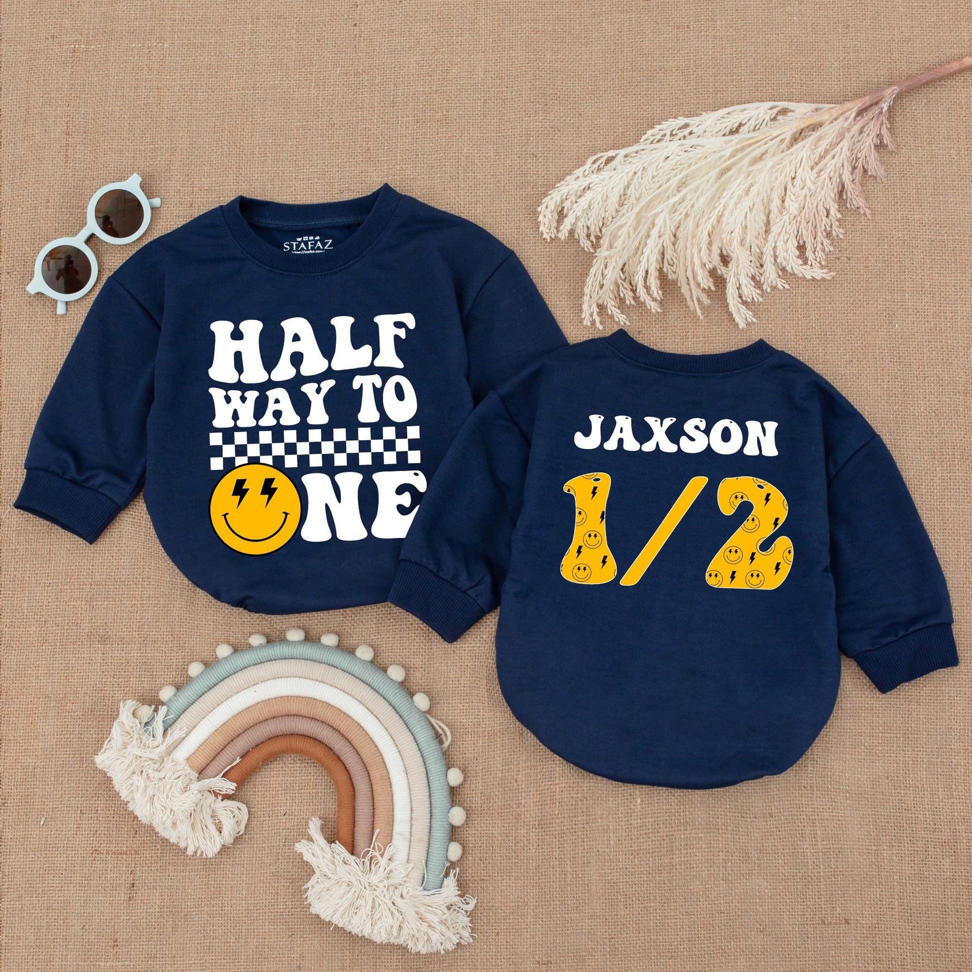 Halfway to One Smiley Baby Romper Boy 1/2 Birthday Outfit, Baby Shower Gift, 1st Birthday, Happy Dude, Summer Infant Clothes