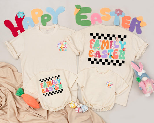 Personalized Name Family Easter Matching Shirts Custom Easter Egg Flower Butterfly Retro Design Family Outfit Birthday Gift