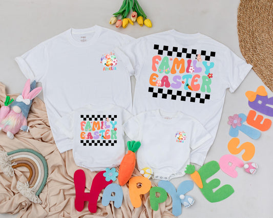 Personalized Name Family Easter Matching Shirts Custom Easter Egg Flower Butterfly Retro Design Family Outfit Birthday Gift