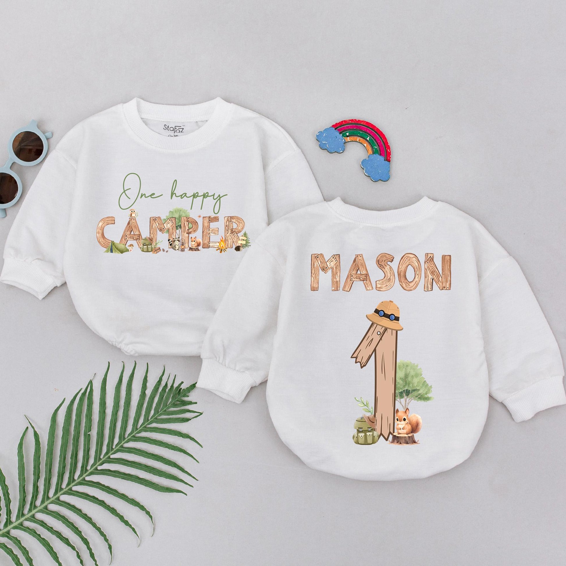 Personalized Happy Camper Romper Adventure Birthday Outfit Baby Boy 1st Birthday Forest Squirrel Campfire Woodland Style