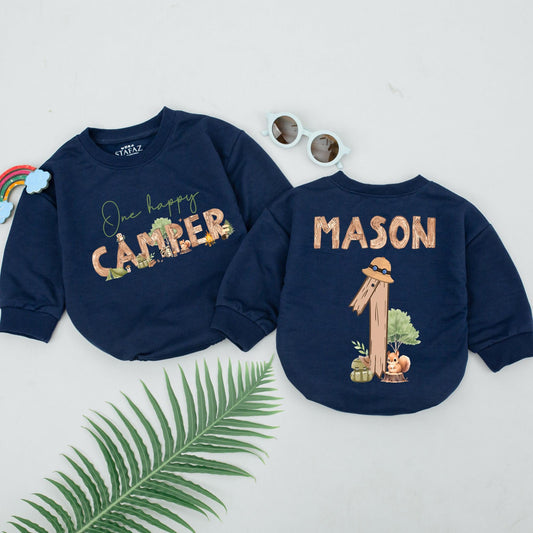 Personalized Happy Camper Romper Adventure Birthday Outfit Baby Boy 1st Birthday Forest Squirrel Campfire Woodland Style
