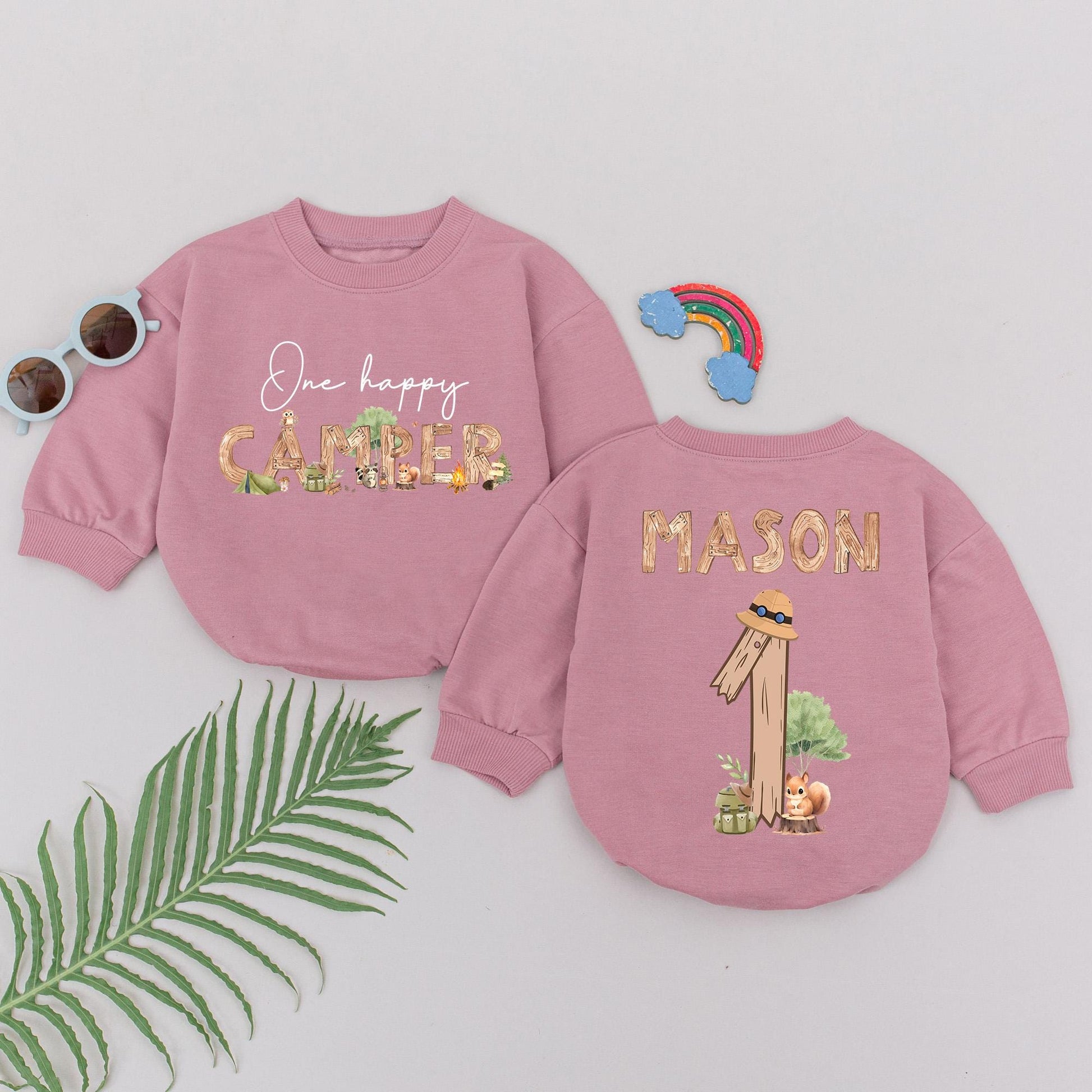 Personalized Happy Camper Romper Adventure Birthday Outfit Baby Boy 1st Birthday Forest Squirrel Campfire Woodland Style