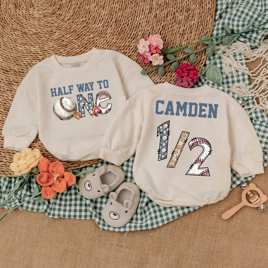Personalized Half Way To One Baseball Romper Baby Boy Half Birthday Outfit Blue Baseball Theme for 6 Months Celebration Gift