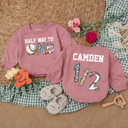 Personalized Half Way To One Baseball Romper Baby Boy Half Birthday Outfit Blue Baseball Theme for 6 Months Celebration Gift