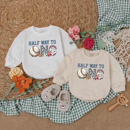Personalized Half Way To One Baseball Romper Baby Boy Half Birthday Outfit Blue Baseball Theme for 6 Months Celebration Gift
