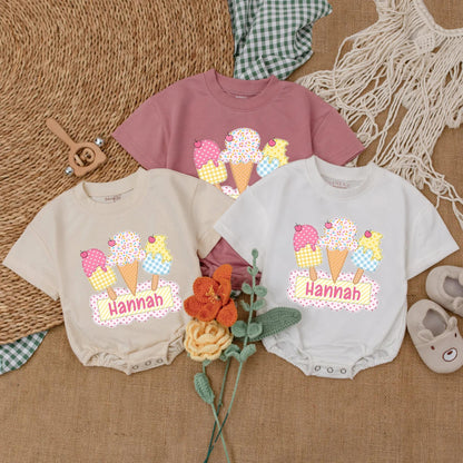 Personalized Ice Cream First Birthday Bubble Romper Summer Baby Bodysuit Cake Smash Outfit Sweet One Party Celebration Gift for Infant Girl