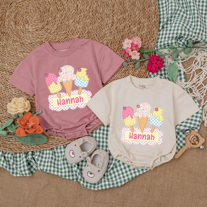 Personalized Ice Cream First Birthday Bubble Romper Summer Baby Bodysuit Cake Smash Outfit Sweet One Party Celebration Gift for Infant Girl