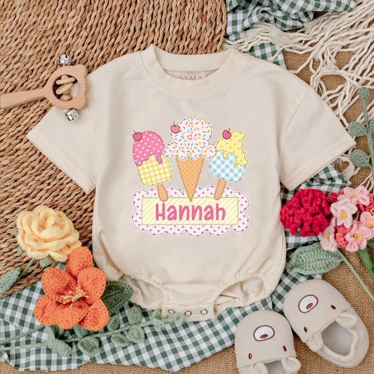 Personalized Ice Cream First Birthday Bubble Romper Summer Baby Bodysuit Cake Smash Outfit Sweet One Party Celebration Gift for Infant Girl
