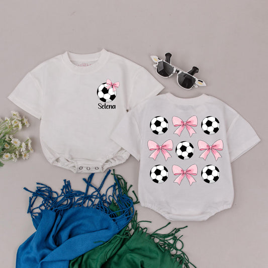 Personalized Soccer Bow Romper for Baby Girl Selena, Retro Game Day Outfit, Black White Pink, Sweet & Playful Design, First Birthday Gift
