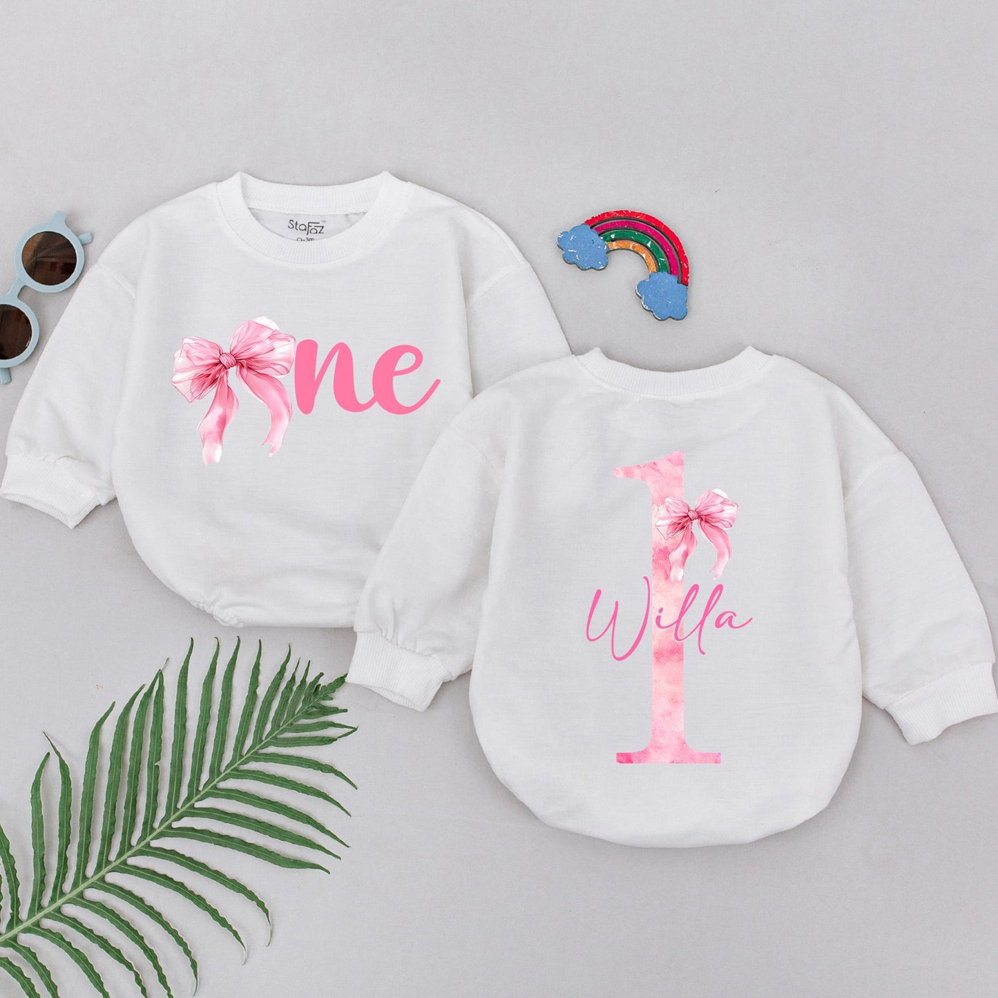 Personalized 1st Birthday Romper for Baby Girl, Pink Ribbon One Design Outfit with Her Name, Watercolor First Year Bodysuit Gift
