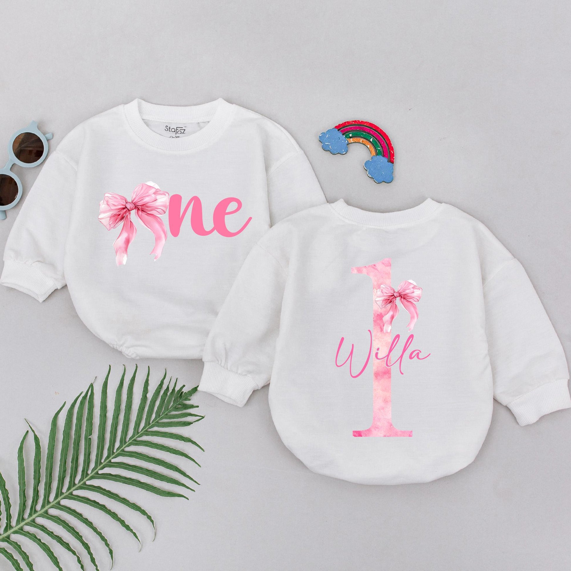 Personalized 1st Birthday Romper for Baby Girl, Pink Ribbon One Design Outfit with Her Name, Watercolor First Year Bodysuit Gift