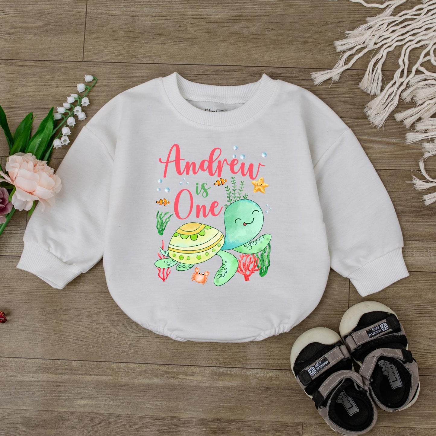Personalized Sea Turtle First Birthday Romper Ocean Theme Baby Outfit Toddler Party Clothes Cute Infant Bodysuit Unique Summer Gift