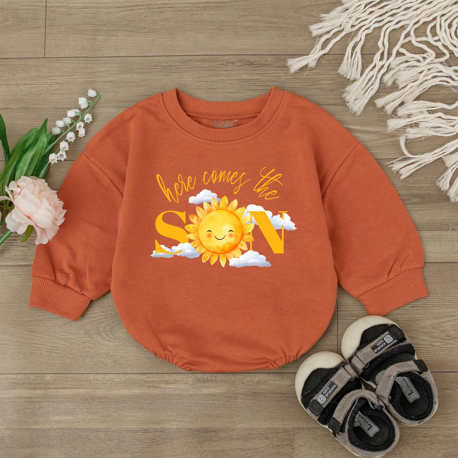 Here Comes the Sun Baby Sweatshirt Toddler Sunshine Outfit Cute Sun Print Pullover Kids Long Sleeve Crewneck Summer Beach Baby Clothes