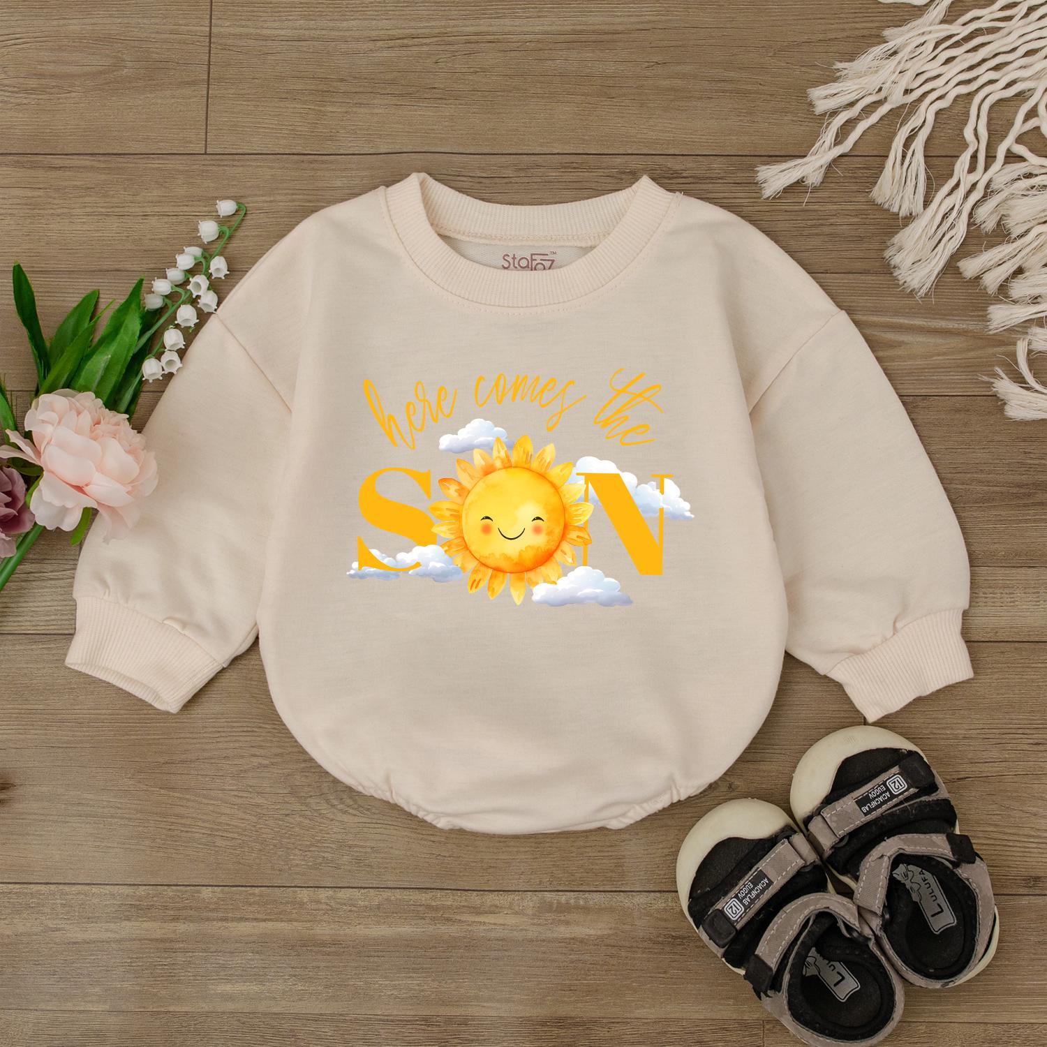 Here Comes the Sun Baby Sweatshirt Toddler Sunshine Outfit Cute Sun Print Pullover Kids Long Sleeve Crewneck Summer Beach Baby Clothes