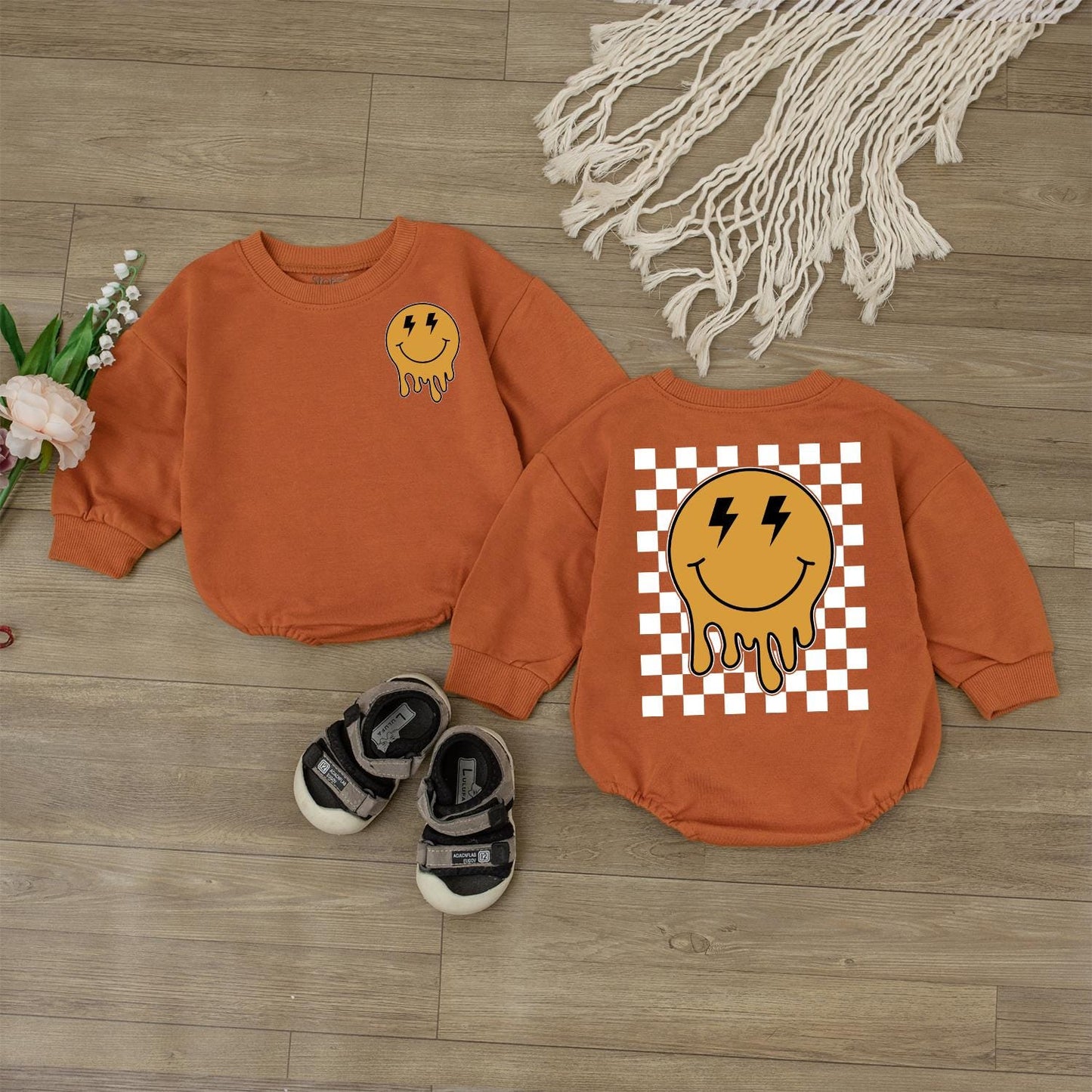 Happy Smiley Face Baby Romper & Checkered Sweatshirt Outfit Newborn & Toddler Clothes Gift, Retro Design, Cute Baby Shower Gift