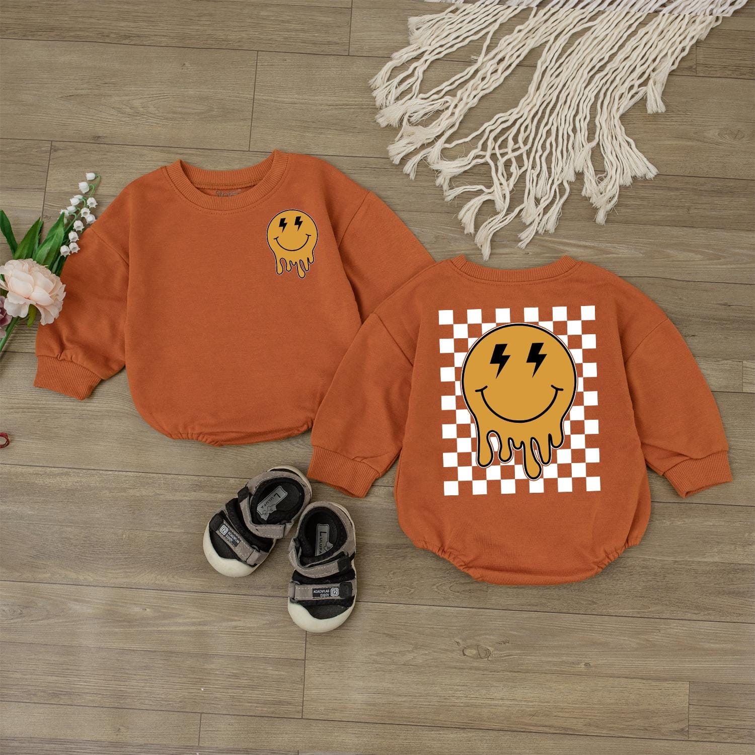 Happy Smiley Face Baby Romper & Checkered Sweatshirt Outfit Newborn & Toddler Clothes Gift, Retro Design, Cute Baby Shower Gift