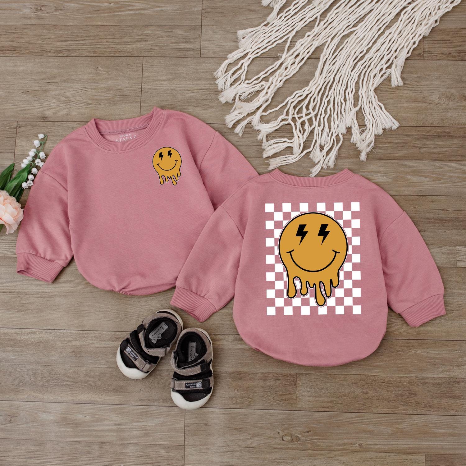 Happy Smiley Face Baby Romper & Checkered Sweatshirt Outfit Newborn & Toddler Clothes Gift, Retro Design, Cute Baby Shower Gift