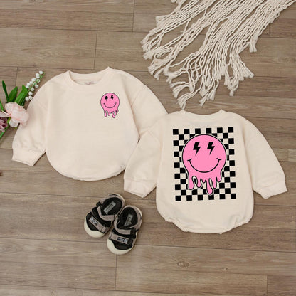 Smiley Face Girl Baby Romper Cute Retro Checkered Sweatshirt Outfit Happy Face Toddler Clothes Baby Shower Gift Newborn Clothes