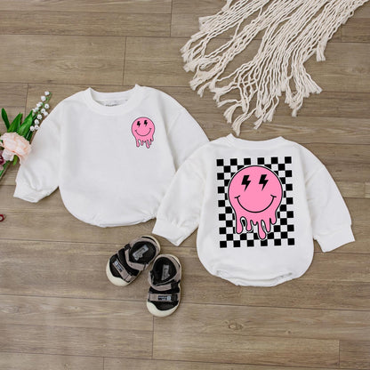 Smiley Face Girl Baby Romper Cute Retro Checkered Sweatshirt Outfit Happy Face Toddler Clothes Baby Shower Gift Newborn Clothes