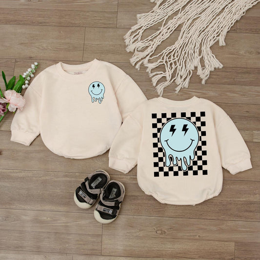 Retro Smiley Face Baby Romper Cute Checkered Kids Outfit Happy Face Bodysuit Baby Shower Gift Newborn Clothes Casual Birthday Toddler Tee