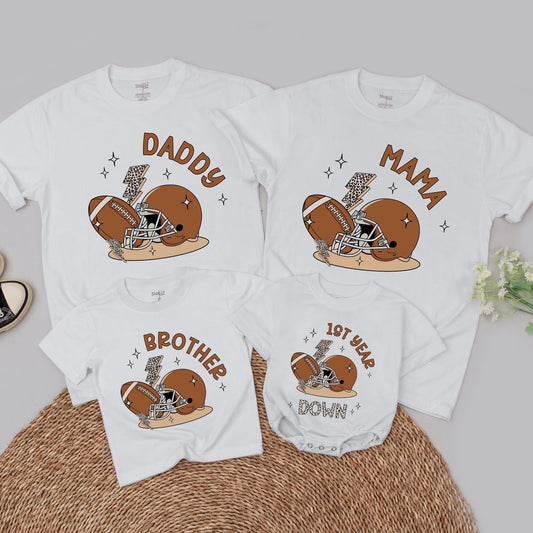 Personalized Football 1st Birthday Family Matching Shirts Romper Set One Year Down Sports Party Outfits for Baby Boy with Custom Name