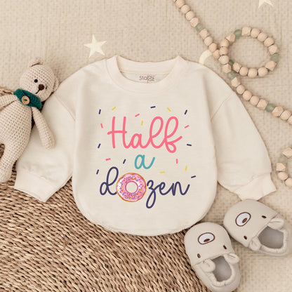 Half a Dozen Bubble Romper – Halfway to One Birthday Outfit – Cute Baby Milestone Romper – Personalized 6-Month Birthday Romper