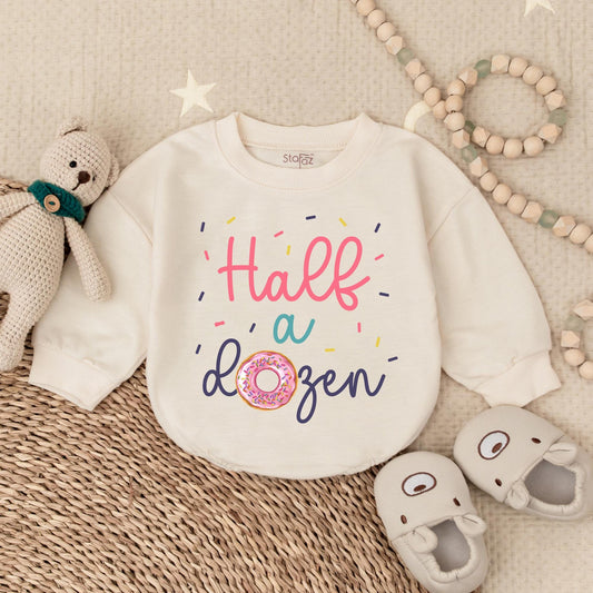 Half a Dozen Bubble Romper – Halfway to One Birthday Outfit – Cute Baby Milestone Romper – Personalized 6-Month Birthday Romper