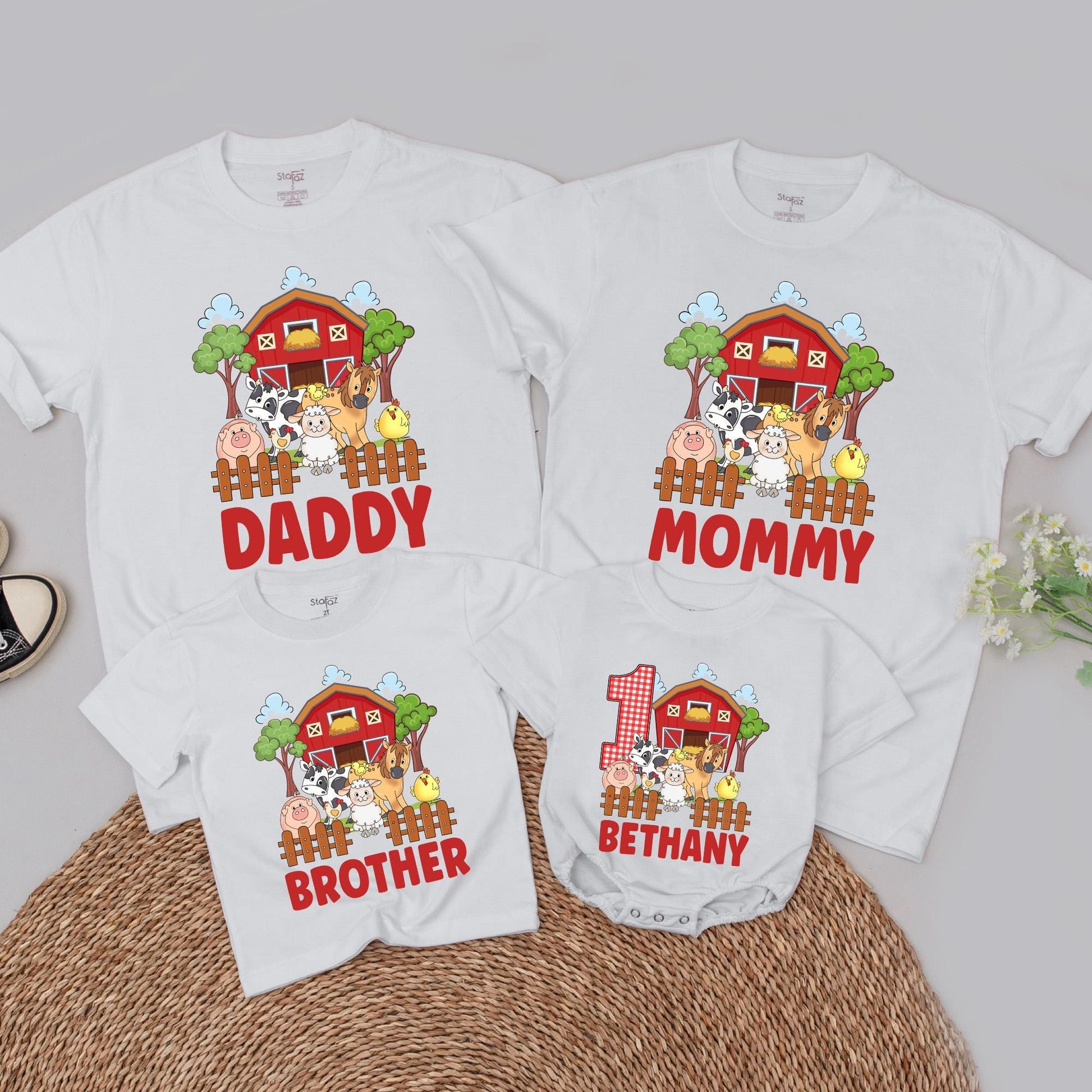 Personalized Farm Birthday Family Matching T-Shirt First 1st Boy Girl Barnyard Holy Cow Animal Soft Cotton Tee