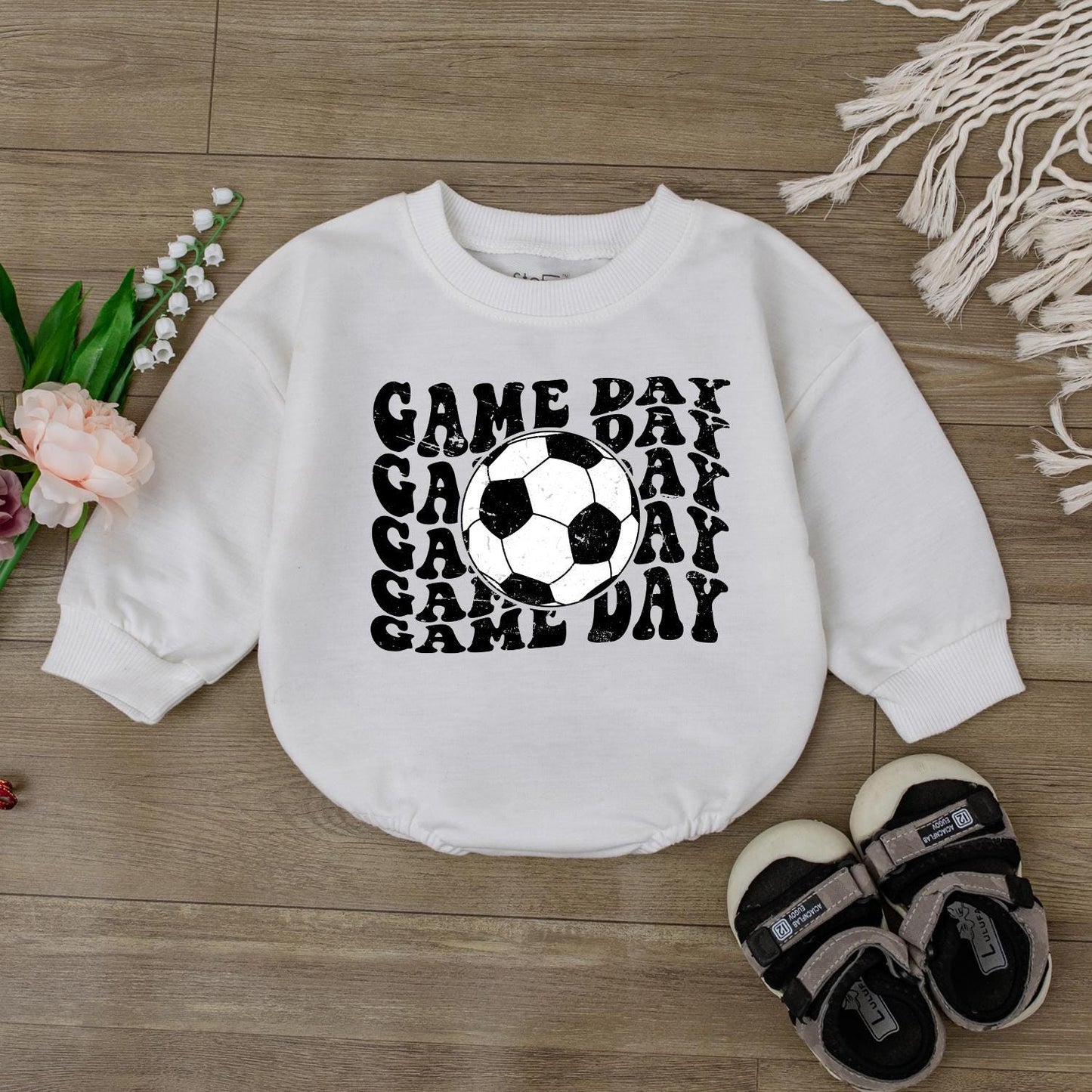 Cute Baby Boy Game Day Football Bodysuit Romper Retro Soccer Jumpsuit Outfit for Kids and Infants, Perfect Baseball Sport Fan Apparel