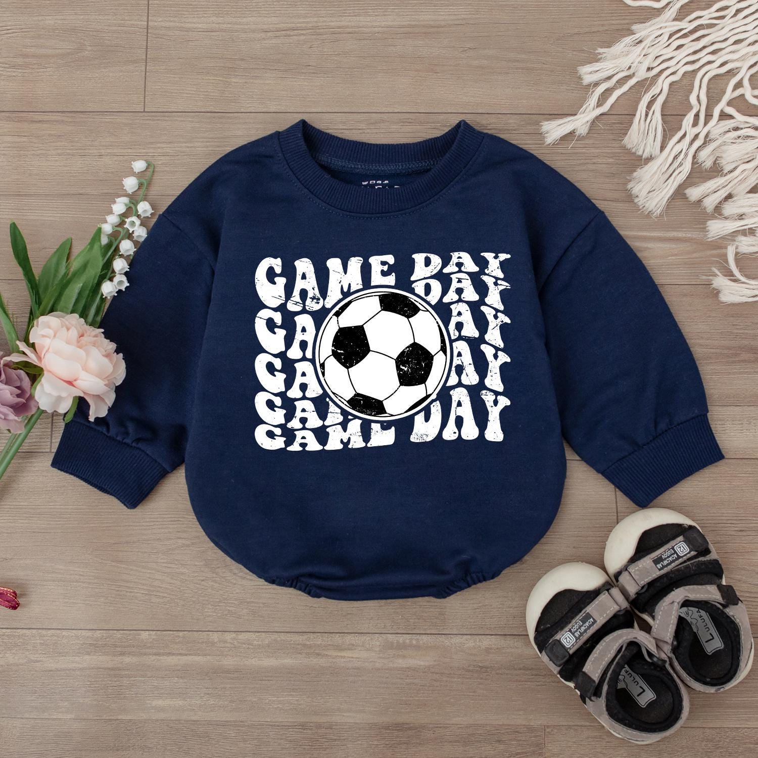 Cute Baby Boy Game Day Football Bodysuit Romper Retro Soccer Jumpsuit Outfit for Kids and Infants, Perfect Baseball Sport Fan Apparel