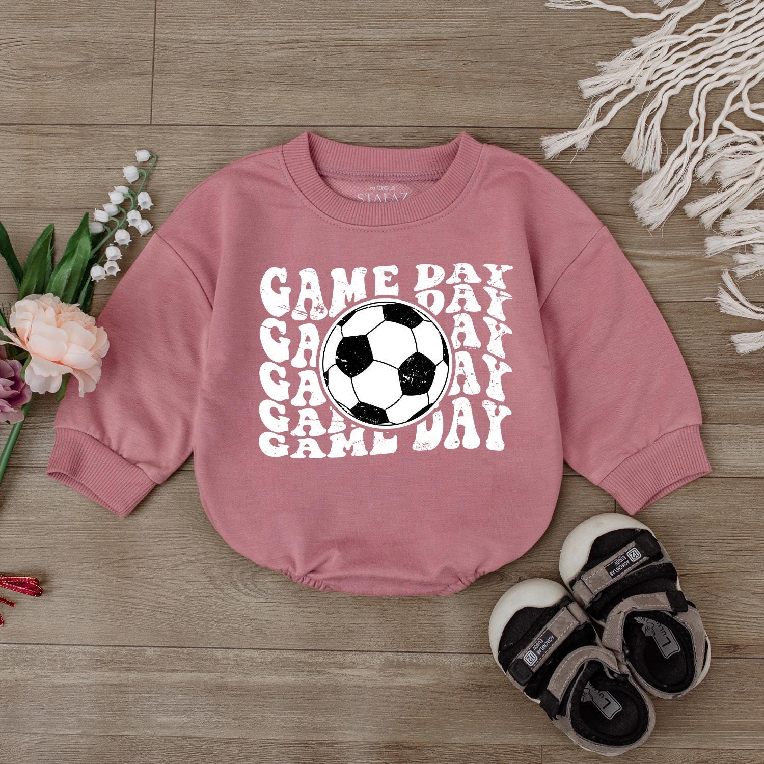 Cute Baby Boy Game Day Football Bodysuit Romper Retro Soccer Jumpsuit Outfit for Kids and Infants, Perfect Baseball Sport Fan Apparel