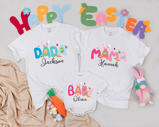 Custom Name Family Matching Easter Shirts, Mommy and Me Outfits for First Easter Day Birthday Celebration Holiday Gifts for Mom Dad Kids