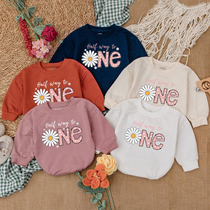 Personalized Daisy Half Way to One Romper Baby Girl Half Birthday Outfit 6 Months Daisy Flower Boho Birthday Gift