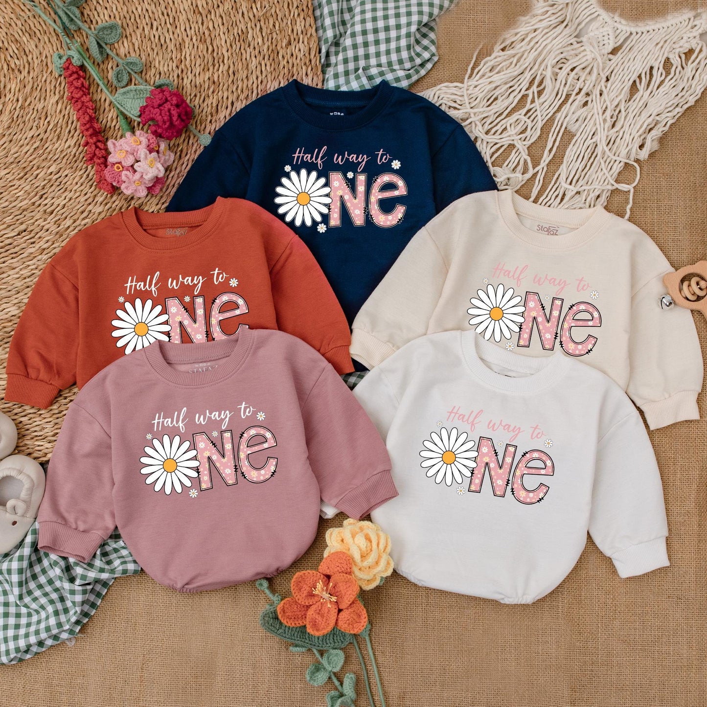 Personalized Daisy Half Birthday Girl Bodysuit Six Months Half Way To One Baby Bubble Romper Wildflower Boho Outfit Clothes Gift